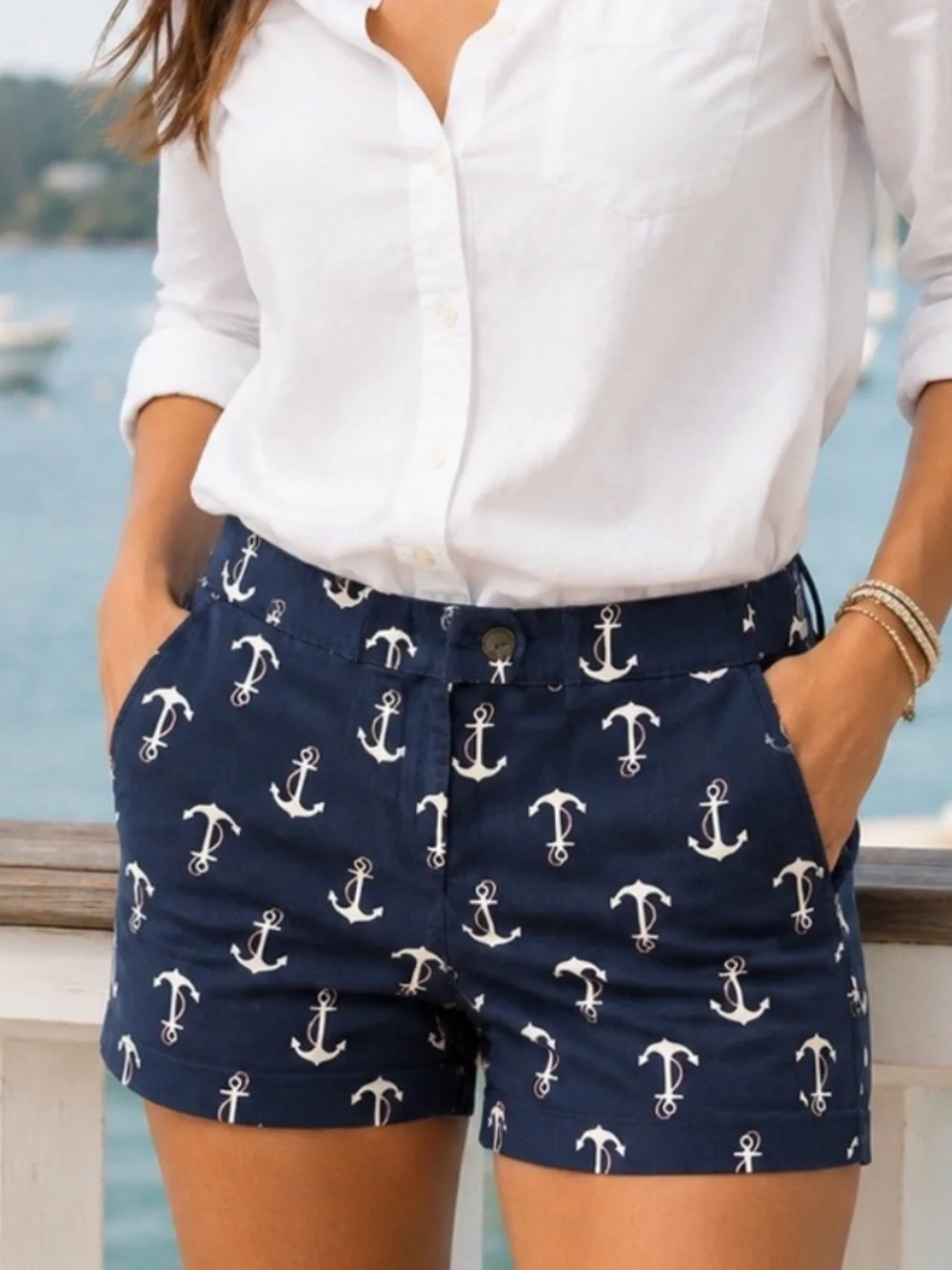 J.Crew Anchor Print Chino Shorts Navy White Nautical Size 2 Stretch